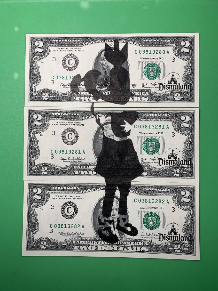 バンクシー 少女と爆弾 Banksy Girl with a Bomb 2ドル札 3枚組 $2 ガール ボム ディズマランド Bomb Love 爆弾を抱きしめる少女 アメリカ