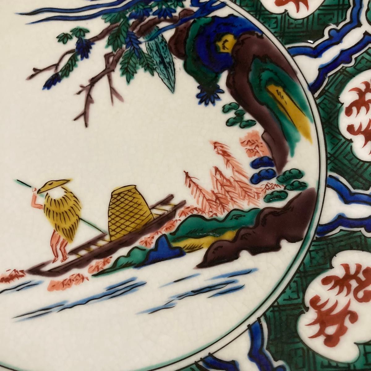 966 九谷焼 做古九谷手 折紙牡丹絵 大皿 角福 時代物 30cm 未 966 九谷焼 做古九谷手 折紙牡丹絵 大皿 角福 時代物 30cm 未