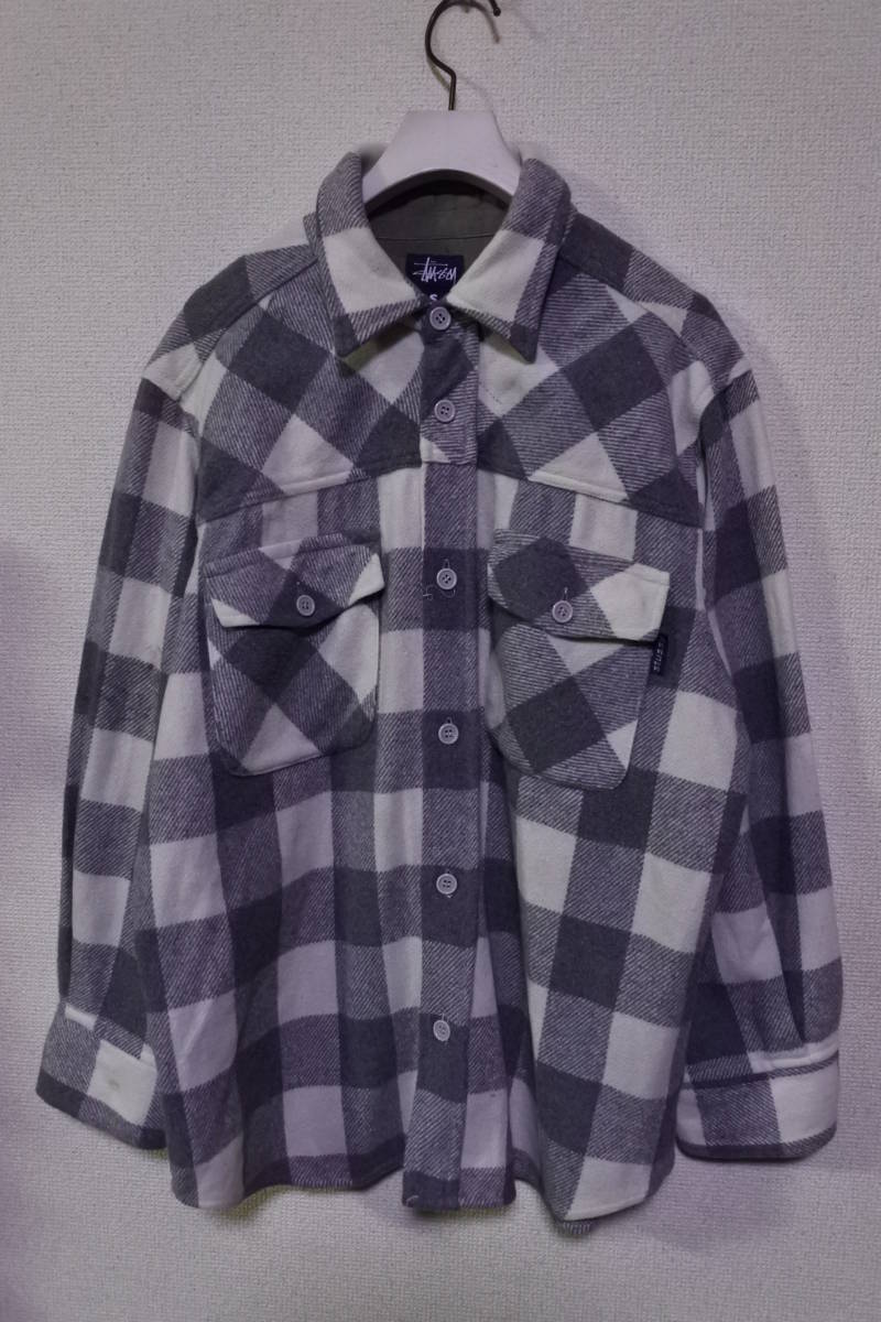 90's OLD STUSSY Shirts Jacket size S USA製 ウールシャツ ジャケット チェック柄 紺タグ ビンテージ_画像1