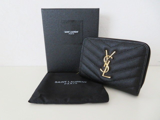 T01 美品 SAINT LAURENT PARIS サンローラン パリ ロゴプレート Vステッチ レザー ラウンドファスナー コンパクト財布 ブラック_画像10