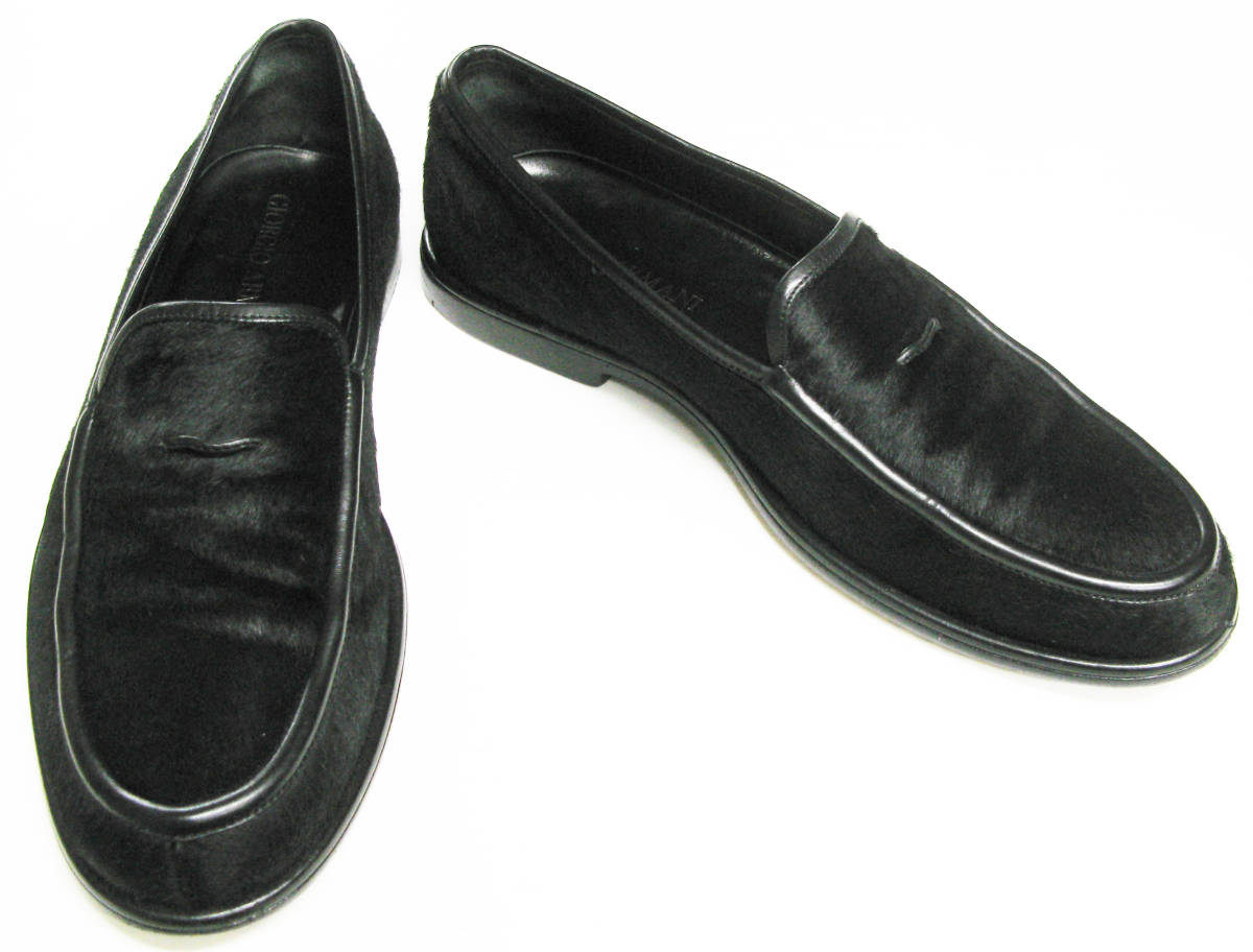 GIORGIO ARMANI CARFHAIR LEATHER SHOES 40.5 BLACK (joru geo Armani is lako leather slip-on shoes 40.5 shoes leather shoes fur 