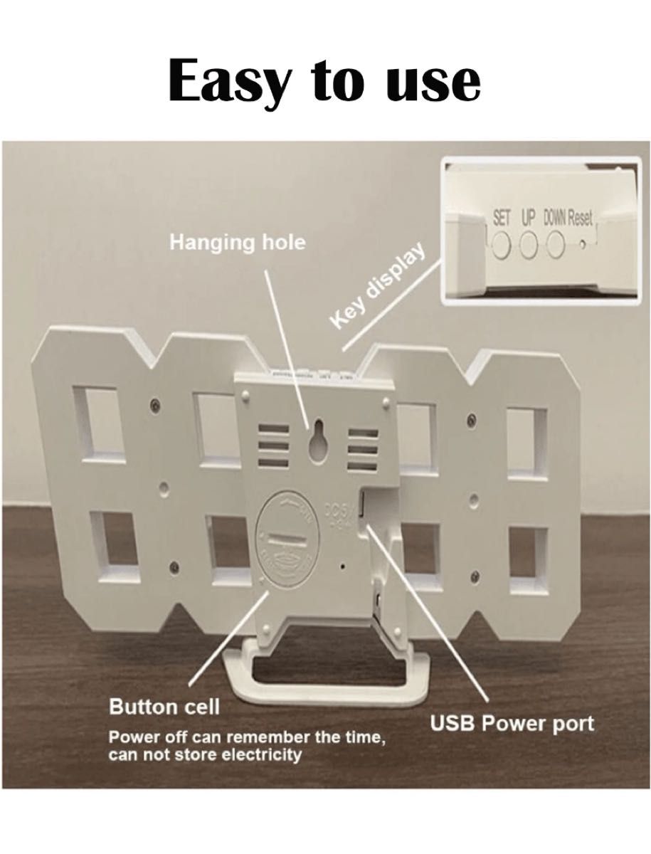 1個 3DプラスチックLEDデジタル時計 USBデータケーブル付き モダンホワイト 時間/日付/温度表示 デジタル目覚まし時計 