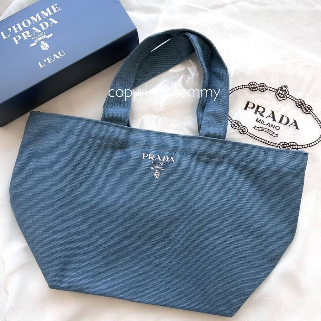 新品未使用 プラダ PRADA メンズ 送料無料 箱付き エコバッグ ノベルティ ブルー ロゴ レディース キャンバス トートバッグ ランチバッグ_画像1