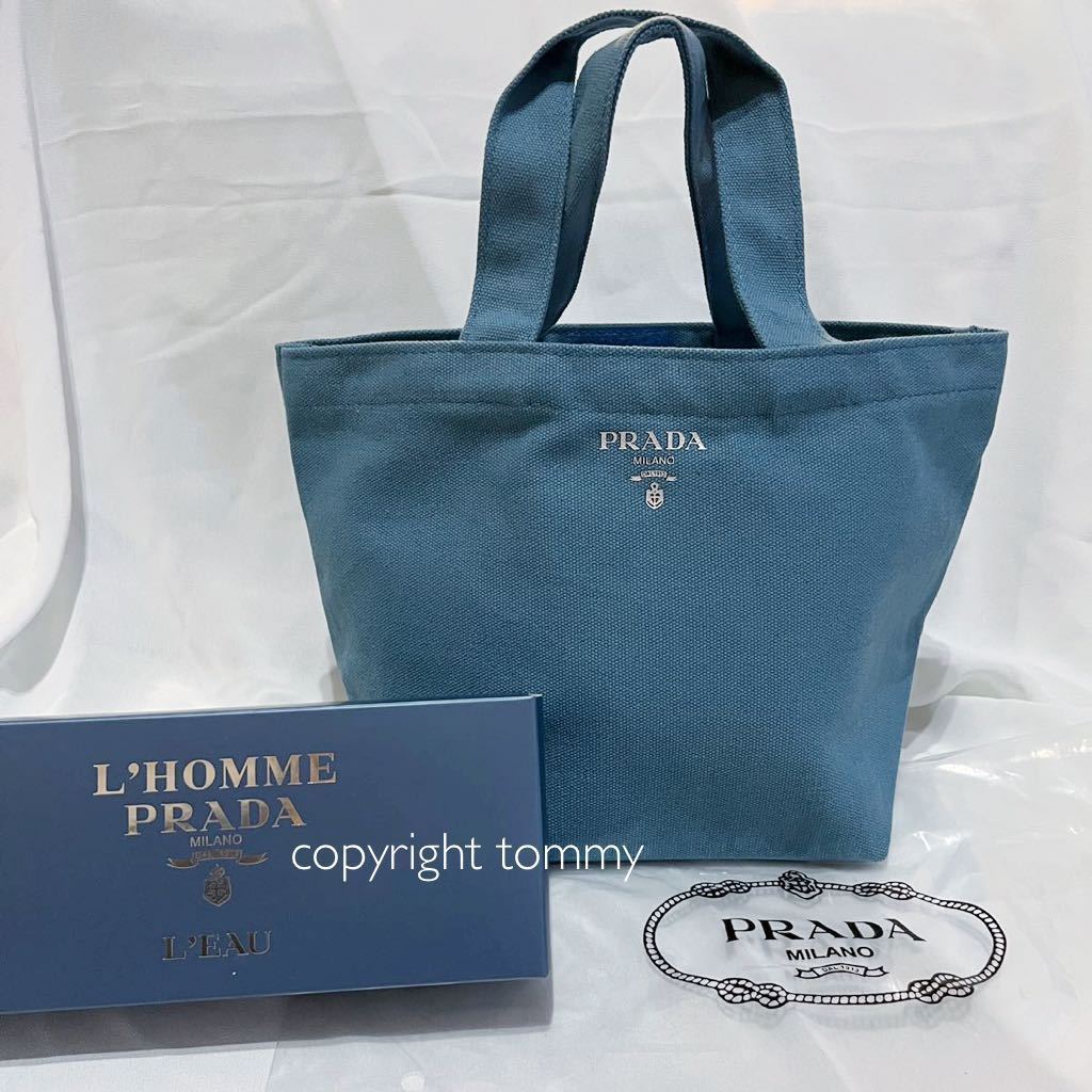 新品未使用 プラダ PRADA 箱付き エコバッグ キャンバス ノベルティ ブルー 送料無料 ランチバッグ ロゴ メンズ レディース トートバッグ _画像1