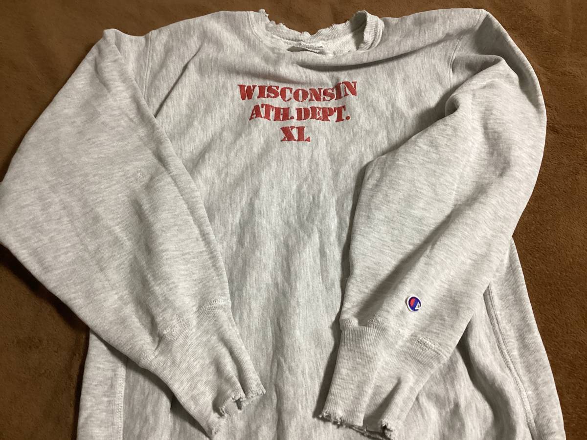 古着 90s USA製 Champion Reverse Weave 「WISCONSIN」 ステンシル リバース スウェット XL 古着◯ウィスコンシン大学◯実寸Lサイズの画像4