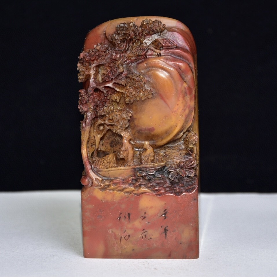 蔵友館蔵品・寿山石・艾葉綠・細密彫・山水人物紋印章】・希少 蔵友館蔵品・寿山石・艾葉綠・細密彫・山水人物紋印章】・希少
