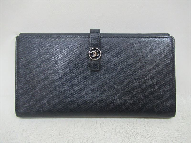 1円★中古品【CHANEL】シャネル 長財布 二つ折り 黒 ブラック キャビアスキン フラップ ブランド財布_画像1