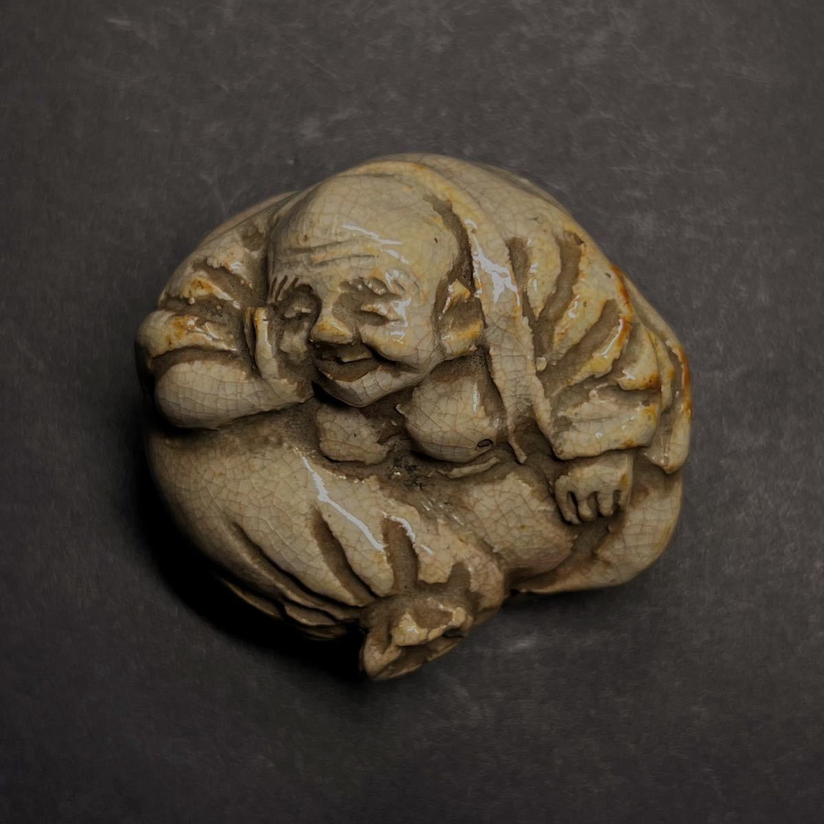 香合　時代　萩焼　布袋香合　細工彫刻　古萩　仏教美術　縁起物　香道具　共箱　A01_画像5