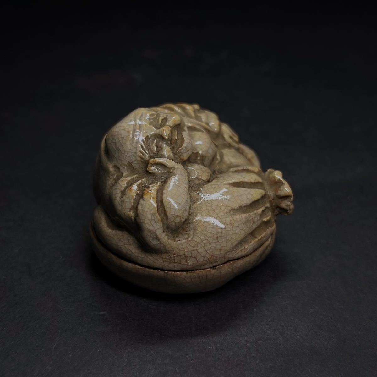 香合　時代　萩焼　布袋香合　細工彫刻　古萩　仏教美術　縁起物　香道具　共箱　A01_画像3