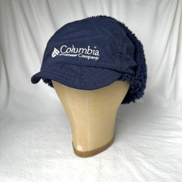 90s Columbia USA made year flap boa fleece cap L/XL hat Pilot ear present . Colombia 80s Vintage navy navy blue 