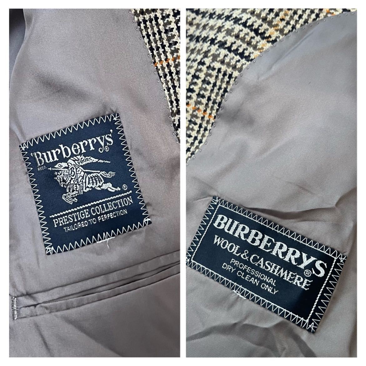 希少 90's 日本製 BURBERRY バーバリー ウール カシミヤ テーラードジャケット ヴィンテージ チェック柄 グレー AB6 (L) メンズ A5077_画像8