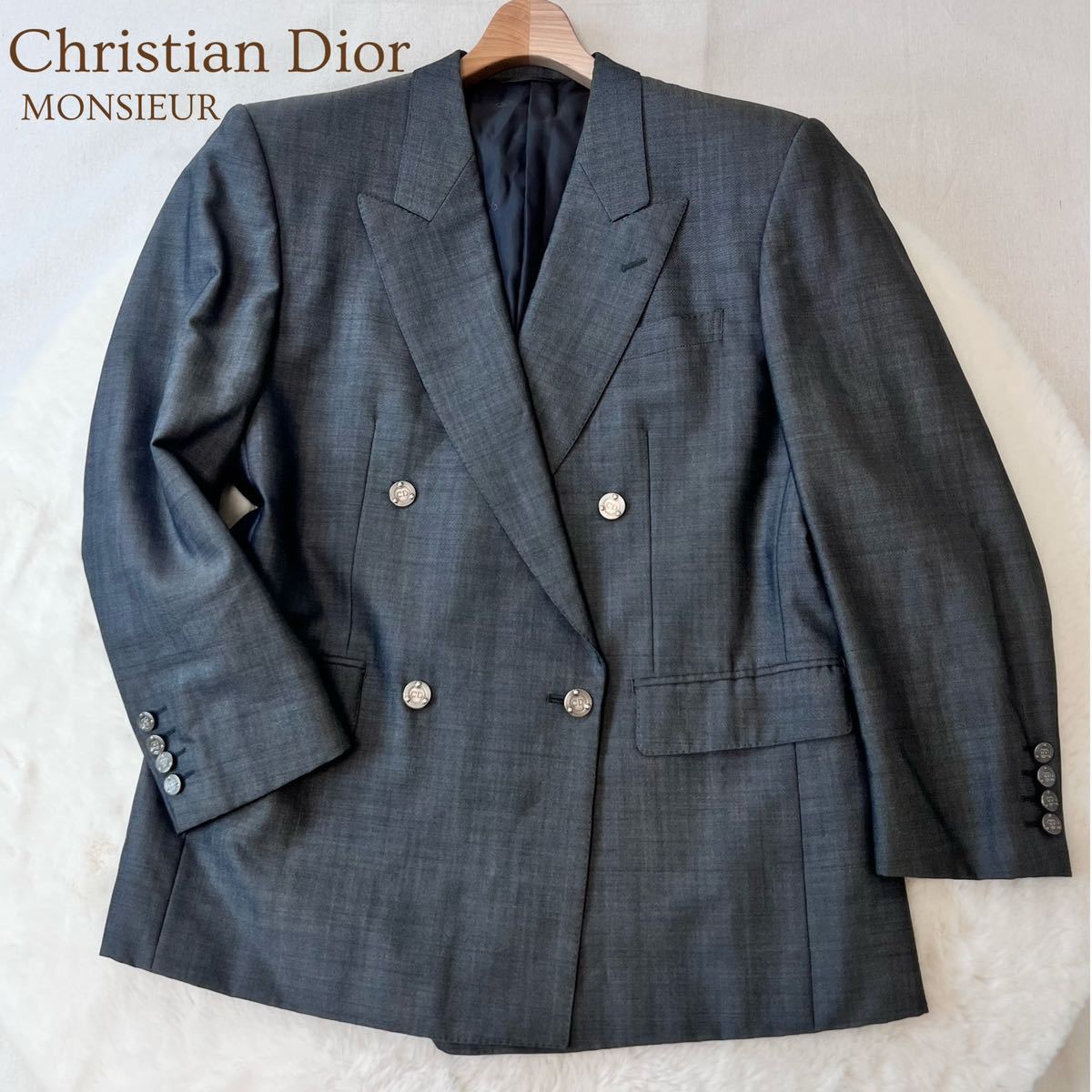 【クリーニング済】Christian Dior MONSIEUR クリスチャンディオールムッシュ ダブル テーラードジャケット メンズ グレー ロゴ裏地 A5241_画像1