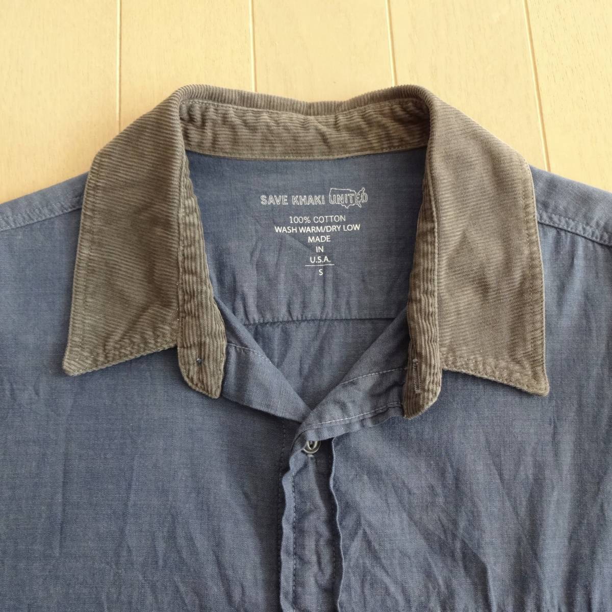 送料520円■MADE IN USA シャンブレーシャツ SAVE KHAKI UNITED■襟コーデュロイ 長袖シャツ 無地シャツ 猫目ボタン■アメリカ製 古着 USED_画像3