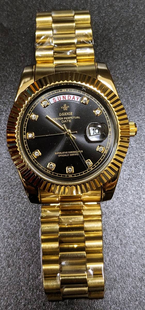 【送料無料】LGXIGE デイデイトスタイル ゴールドブラック ハイエンド ロレックス系オマージュ ウォッチ 腕時計 高級 メンズ サファイアの画像2