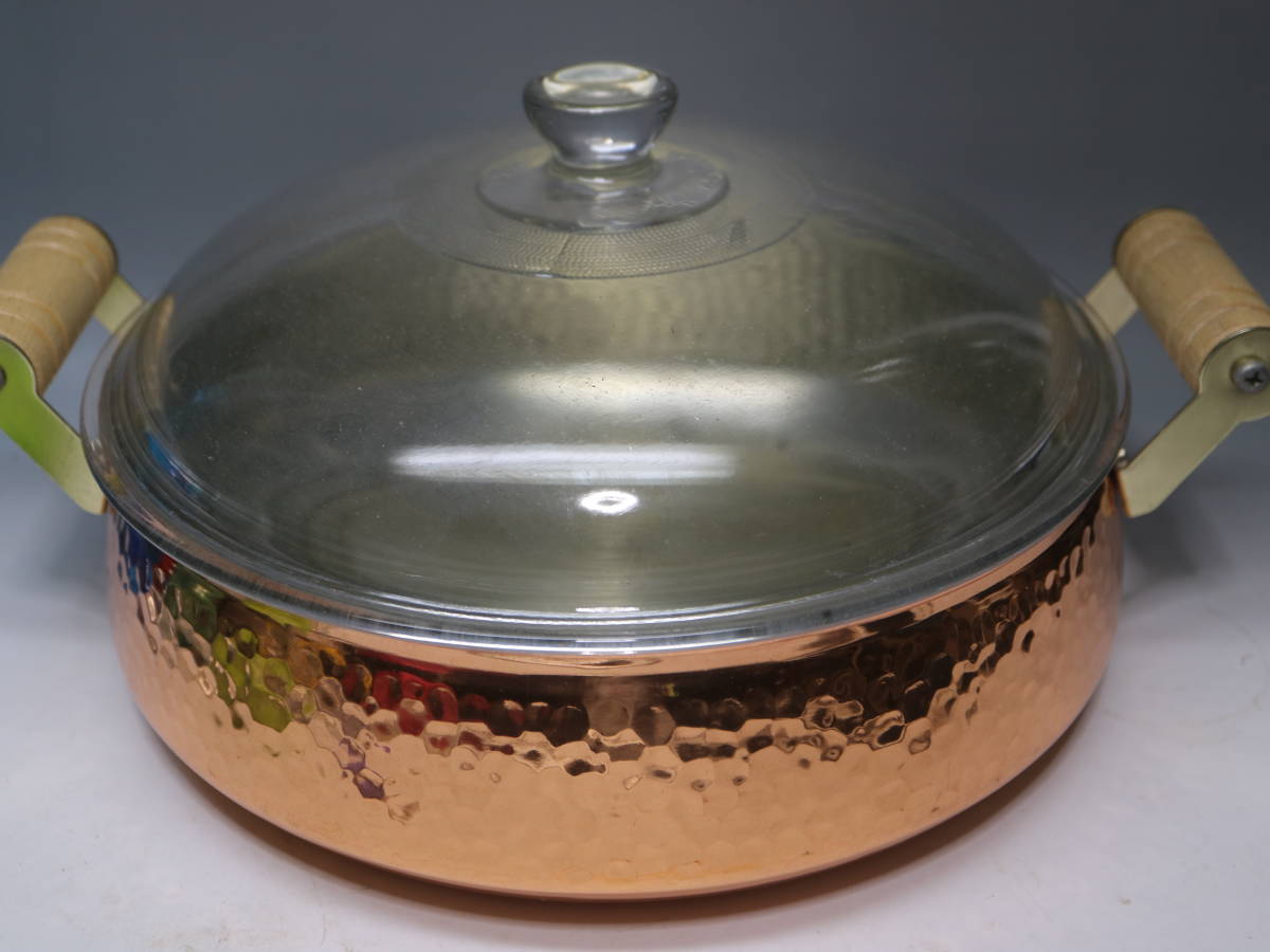 純銅製 両手鍋 銅鍋 調理鍋 昭和レトロ ガラス蓋_画像1