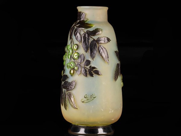 【流】エミール・ガレ フラワーベース 被せ硝子 葡萄文 花瓶 高28.5cm 箱付 TQ923_画像3