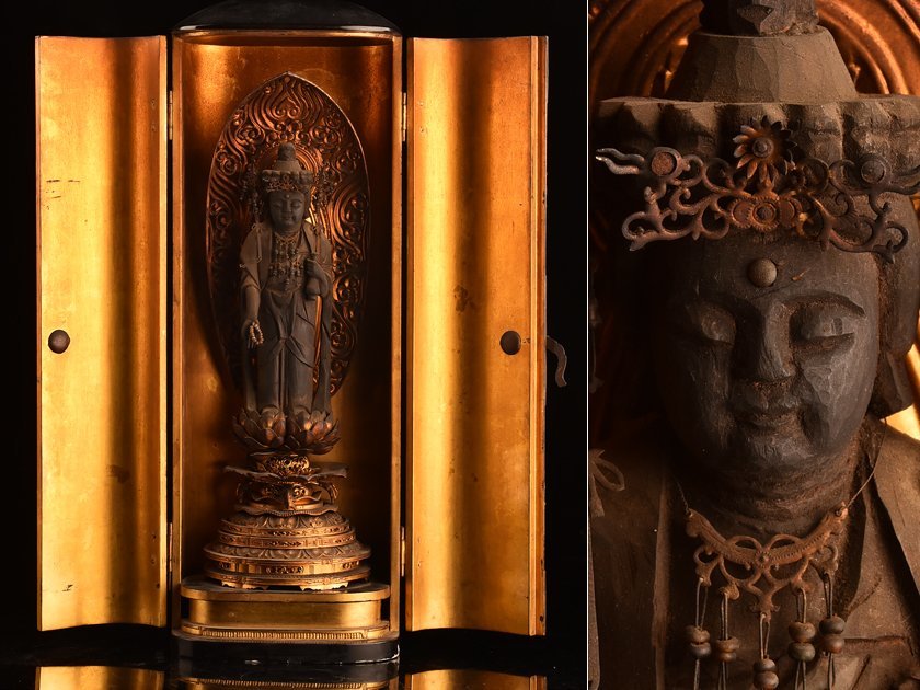 【流】仏教美術 木彫厨子入鍍金仏立像 高58cm TQ817_画像1