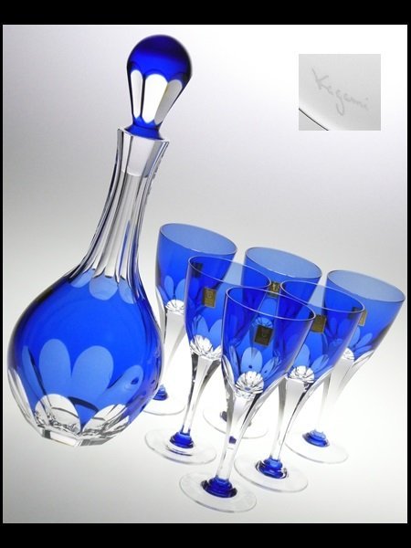 N408 カガミ クリスタル 高級シリーズ ロイヤルブルーコレクション 青被せ カット 大型 デキャンタ ワイングラス 計7点_画像1