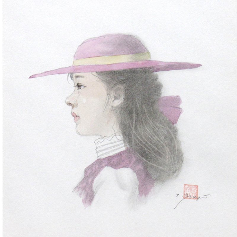 【GINZA絵画館】藤井　勉　水彩画３号・帽子の少女（ピンク）・リアリズム人気作家１点もの・とってもカワイイ！　T16U0F7Z2C3F_画像2