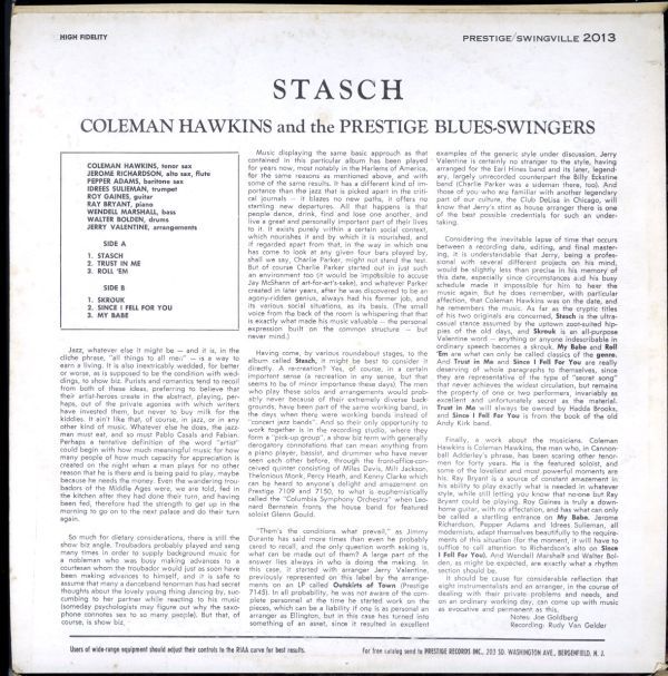 USオリジLP！DG 深溝 MONO盤 The Prestige Blues-Swingers Featuring: Coleman Hawkins / Stasch 60年【Prestige Swingville / SVLP 2013】_画像3