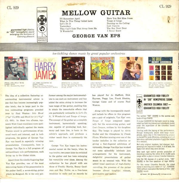 USオリジナルLP！Columbia 6EYE 360Sound DGラベル George Van Eps / Mellow Guitar 57年【CL 929】7弦ギター イージーリスニング ジャズ_画像3