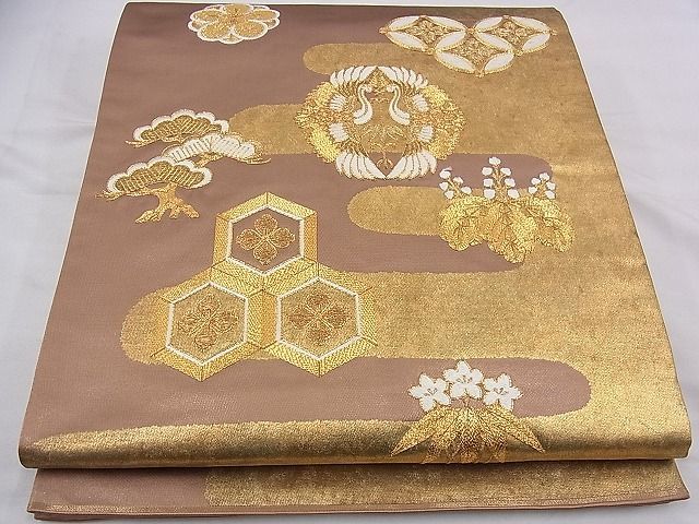 平和屋野田店■太鼓柄袋帯　駒刺繍　向鶴松竹梅吉祥文　金彩　逸品　n-bg0587_画像1