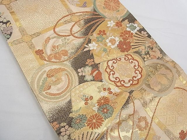 平和屋野田店■六通柄袋帯　扇面草花文　金糸　逸品　n-du0028_画像2