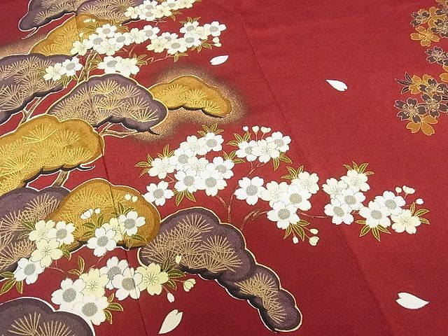 平和屋-こころ店■豪華振袖　駒刺繍　枝桜　松　金彩　鬼しぼ縮緬　着丈163cm　裄丈67.5cm　正絹　逸品　B-zg8067_画像4