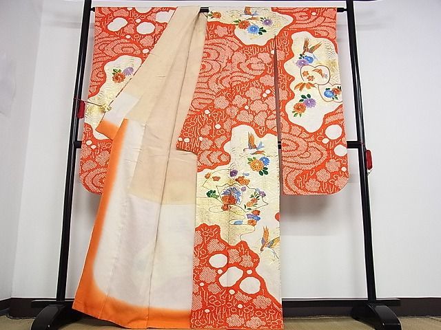 平和屋-こころ店■豪華振袖　駒刺繍　絞り　地紙花鳥文　金彩　着丈163cm　裄丈65cm　正絹　逸品　B-oa8065_画像2