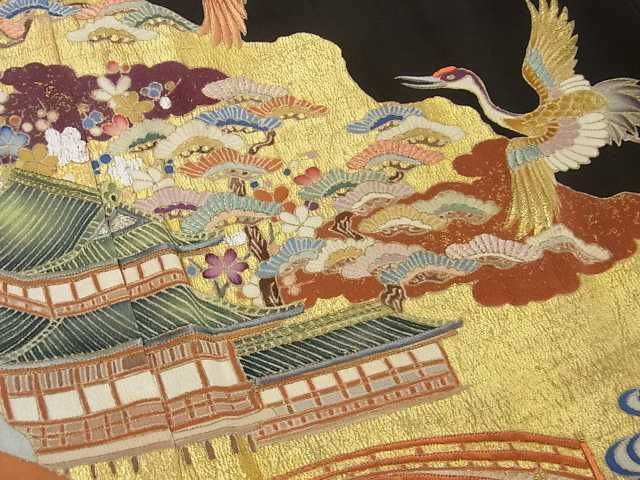 平和屋2■豪華黒留袖 刺繍 飛鶴吉祥風景花文 金銀彩 逸品 ma4067の画像1