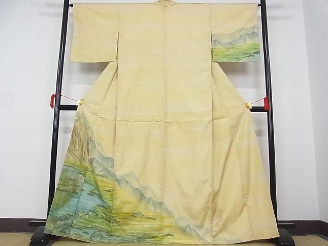 平和屋-こころ店■訪問着　作家物　手描き　紬地　連山水海岩草図　着丈166cm　裄丈64.5cm　正絹　逸品　1B-wt1032_画像2