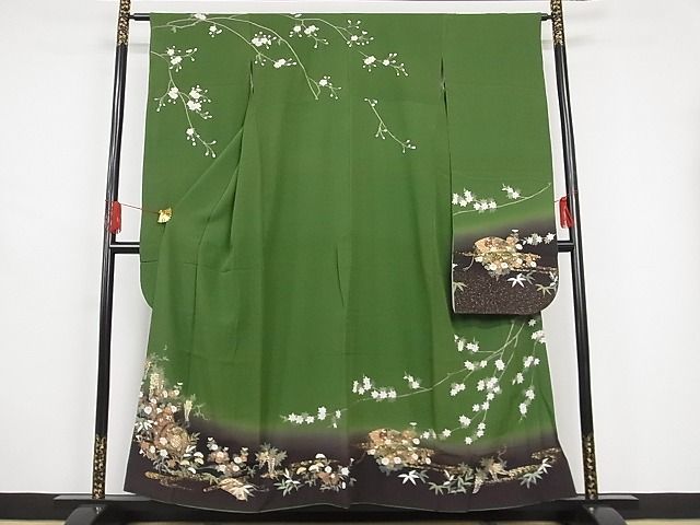 平和屋-こころ店■豪華振袖　楽器扇面花文　鼓　笛　暈し染め　金彩　着丈155cm　裄丈62.5cm　正絹　逸品　A-br7221_画像1