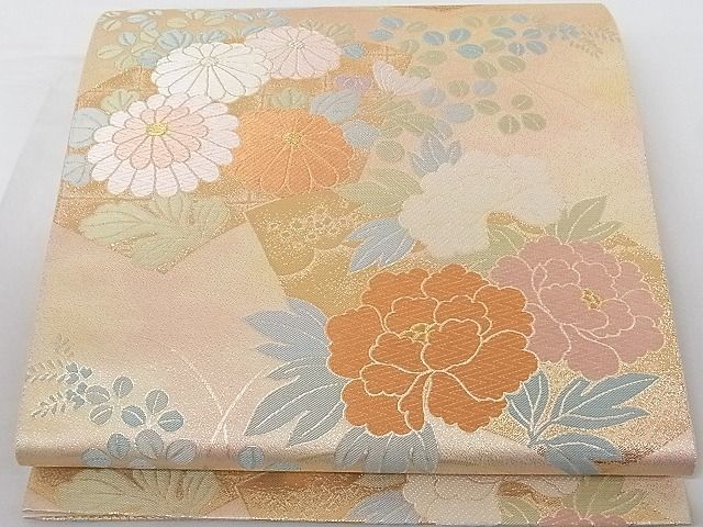 平和屋-こころ店■六通柄袋帯　地紙草花文　金糸　正絹　逸品　A-gk1125_画像1