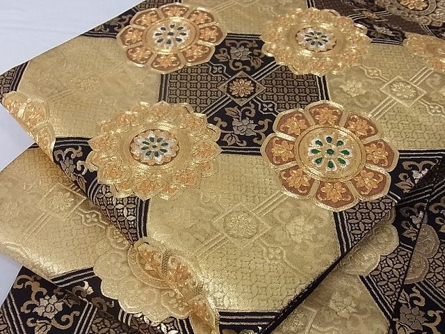 平和屋-こころ店■極上　玉虫金彩　全通柄袋帯　駒刺繍　宝相華　黒地　金糸　金彩　正絹　逸品　未使用　A-az6665_画像8