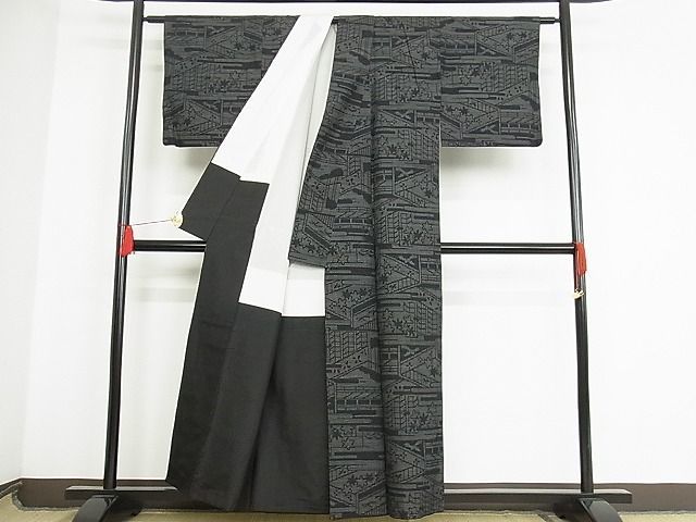 平和屋-こころ店■結城紬 100亀甲 家屋風景文 着丈156.5cm 裄丈63cm 正絹 逸品 1B-np1222の画像2