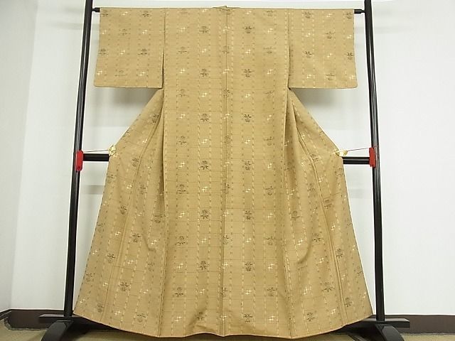 平和屋-こころ店■上質な紬　花格子　着丈159cm　裄丈63cm　正絹　逸品　1B-np1168_画像1