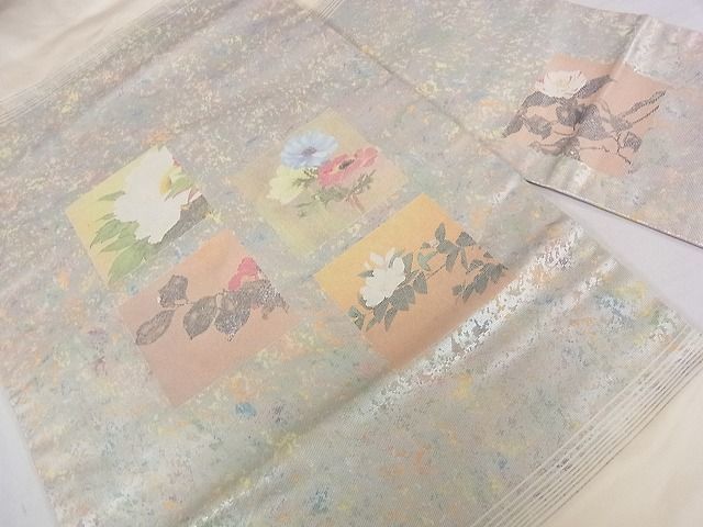 平和屋1■九寸名古屋帯　色紙草花文　銀彩　逸品　eg1056_画像2