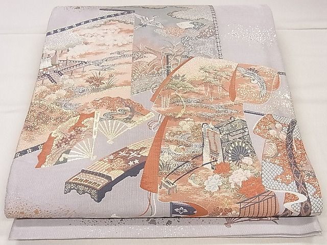 平和屋1■六通柄袋帯　誰が袖屏風楽器花鳥文　金銀糸　逸品　ha7694_画像1