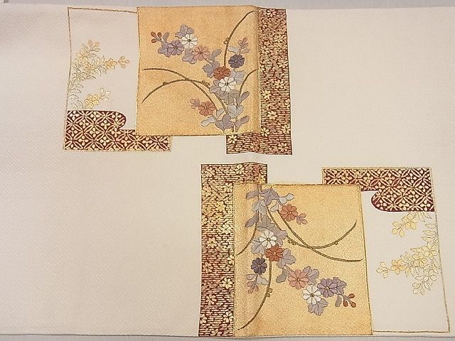 平和屋1■太鼓柄袋帯　駒刺繍　色紙重ね花文　金彩　逸品　ha7596_画像6