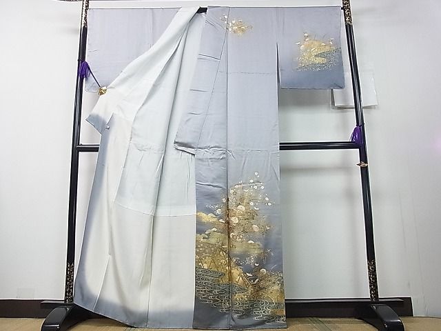 平和屋1■訪問着　籬扇面菊梅文　暈し染め　金銀彩　さが美扱い　逸品　未使用　an5138_画像3