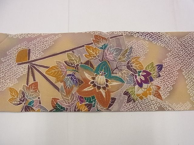 平和屋1■九寸名古屋帯　扇面花文　金彩　鬼しぼ縮緬　逸品　eg1322_画像6