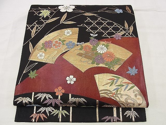 平和屋野田店■太鼓柄袋帯　唐織　地紙花筏文　黒地　金糸　逸品　n-me0709_画像1