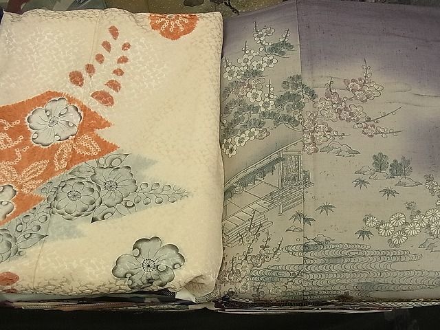 平和屋-野田店2■着物 まとめて 100点 風景 松竹梅 花柄 本藍 型絵染 辻が花 絞り 型染め 駒刺繍 金銀彩 未使用品あり 全て正絹 bbb131_画像6