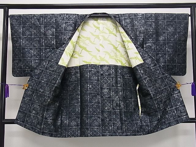 平和屋1■道行コート　ロング丈　格子草花文　反端付き　逸品　dy7663_画像4