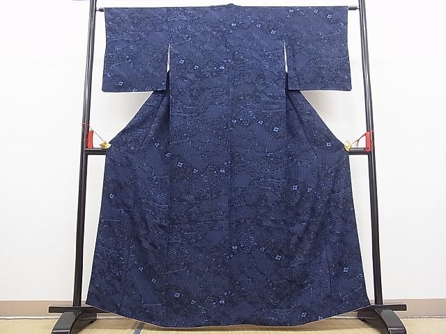 平和屋野田店■上質な小紋 藍 型染め 切嵌吉祥花文 逸品 n-fw5004の画像2