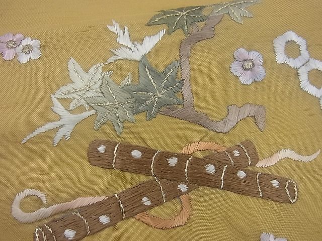 平和屋野田店■八寸名古屋帯　紬地　総刺繍　横笛枝花文　反端付き　逸品　未使用　n-sg0312_画像4