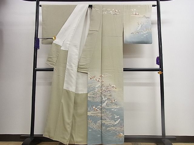 平和屋1■訪問着　風景渡り橋飛鶴草花吉祥文　暈し染め　金彩　逸品　ng3728_画像3