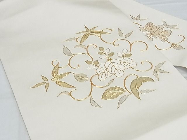 平和屋-こころ店■塩瀬　九寸名古屋帯　駒刺繍　桐唐草　正絹　逸品　B-jd5741_画像2