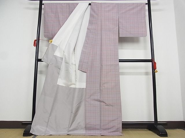 平和屋-こころ店■本場縞大島紬 格子 ロング丈 着丈173cm 裄丈67.5cm 正絹 逸品 1B-wt1440の画像2