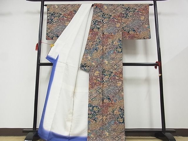 平和屋-こころ店■上質な小紋 紬地 切嵌人物吉祥花鳥文 着丈167cm 裄丈65.5cm 正絹 逸品 1B-wt1355の画像2